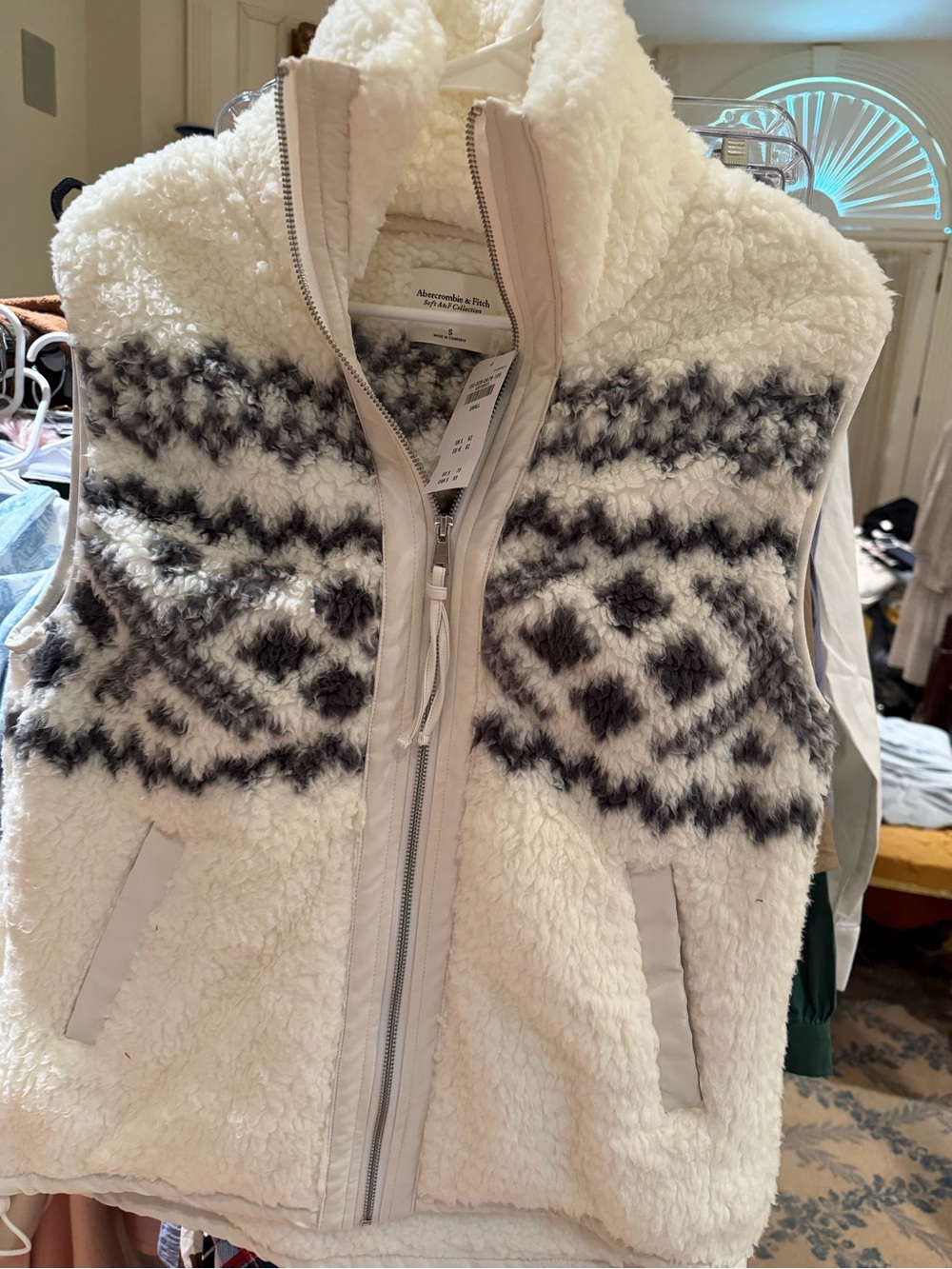 Abercrombie & Fitch Cream Sherpa Vest with Charcoal Pattern